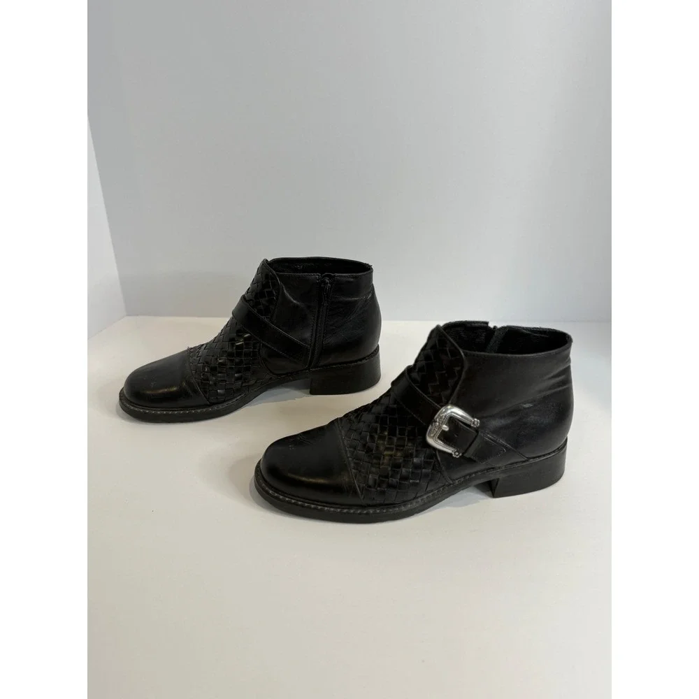 Brighton Black Woven Leather Ankle Boots Silver Buckle Made in Brazil Women's 8M
